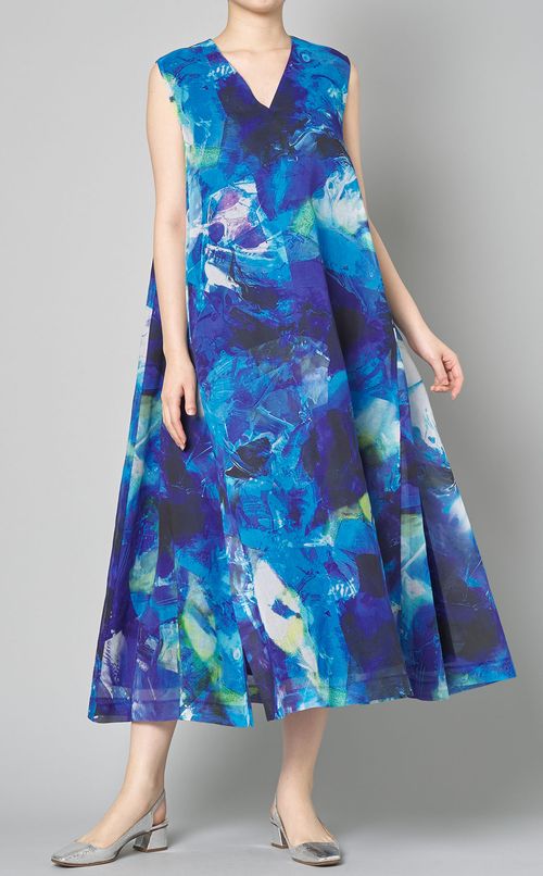 プリントVネックロングワンピース