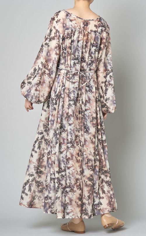 プリントギャザーフレアワンピース