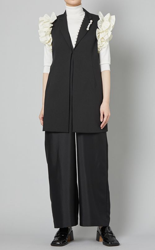 Vネックパール付サロペット