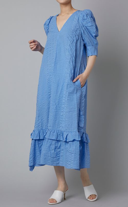 シアサッカーVネックマキシドレス