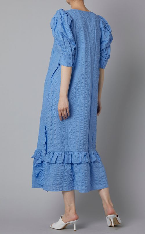 シアサッカーVネックマキシドレス