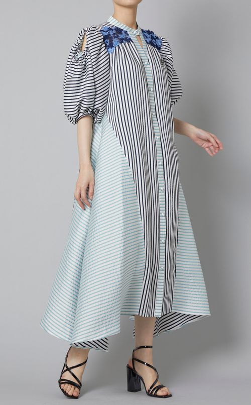 ストライプギャザーフレアワンピース
