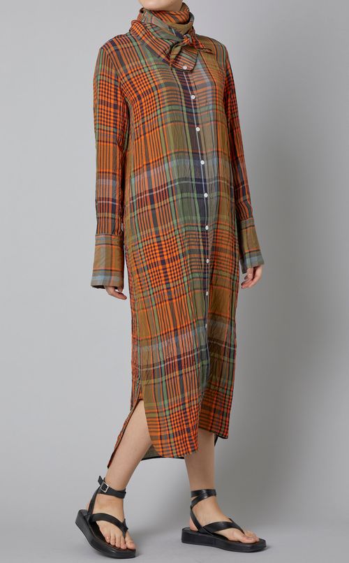 チェックプリントスカーフネックドレス