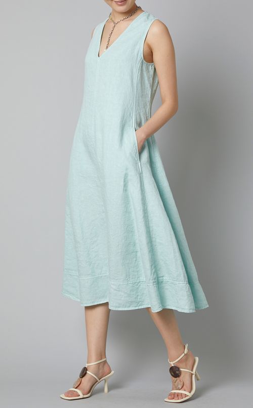 Vネックリネンノースリーブワンピース