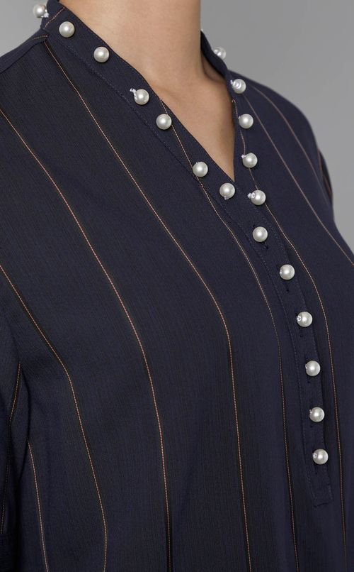 パールボタンVネックストライプドレス