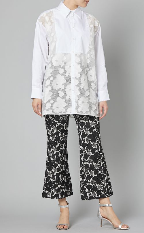 フラワージャガード切替長袖ブラウス