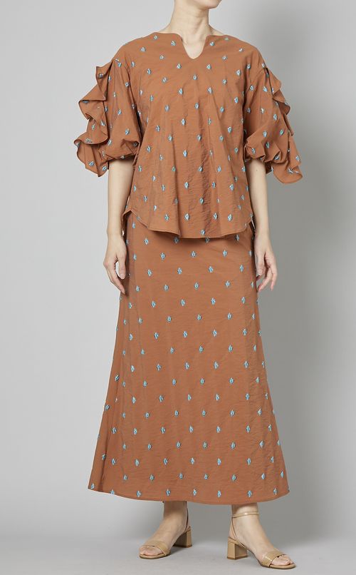 ジャカードギャザースリーブブラウス