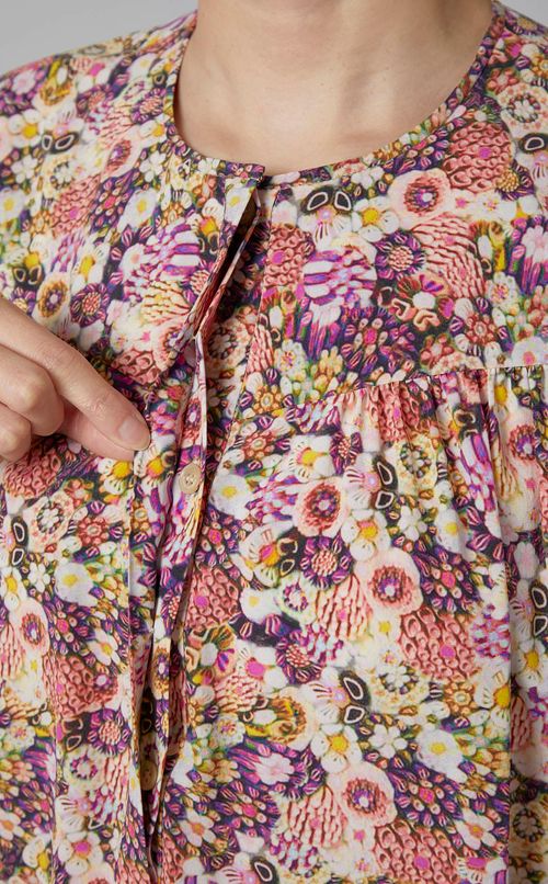 フラワープリントクレープギャザーブラウス