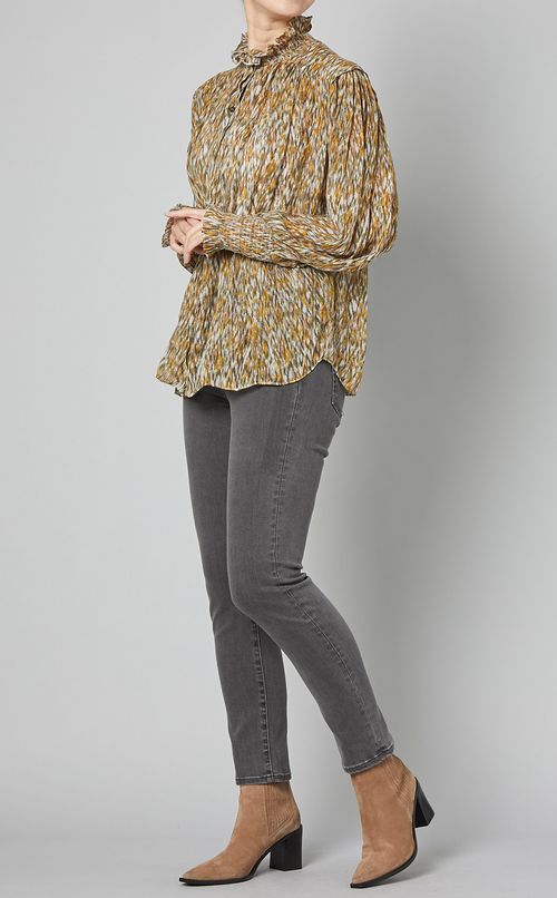 プリントハイネックギャザーブラウス