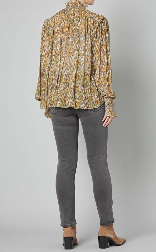 プリントハイネックギャザーブラウス