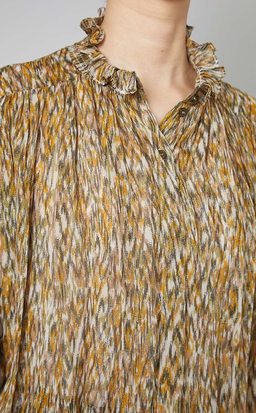 プリントハイネックギャザーブラウス