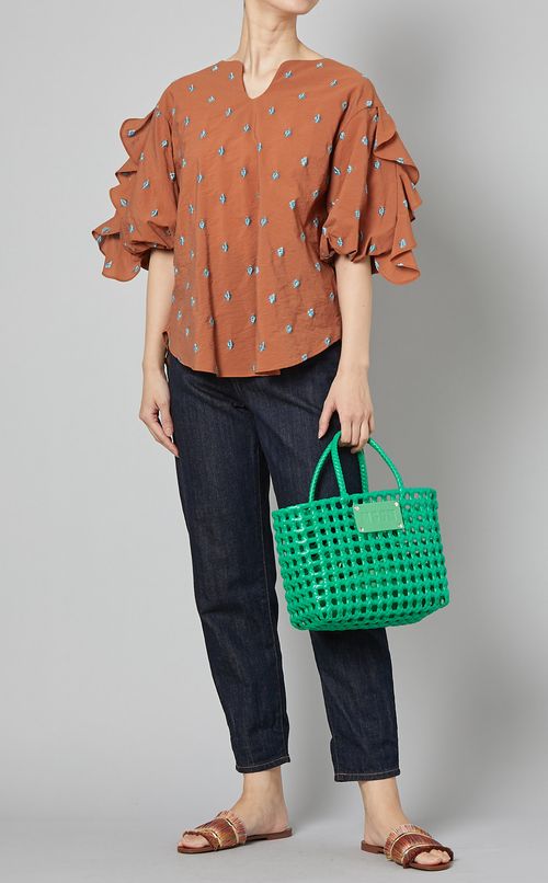 ジャカードギャザースリーブブラウス