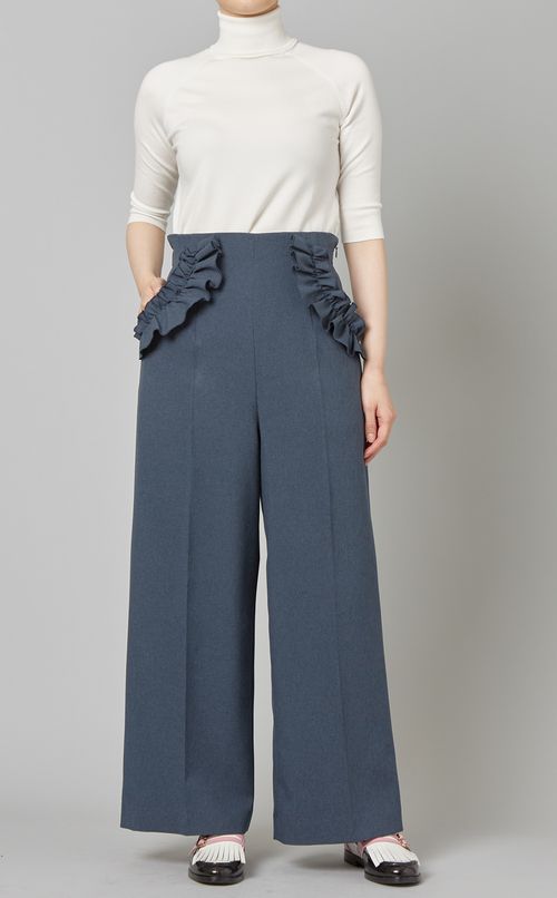 フリル付ハイウエストワイドパンツ