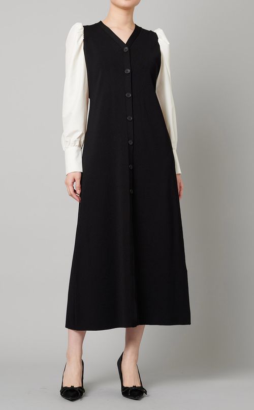 異素材スリーブVネックニットワンピース