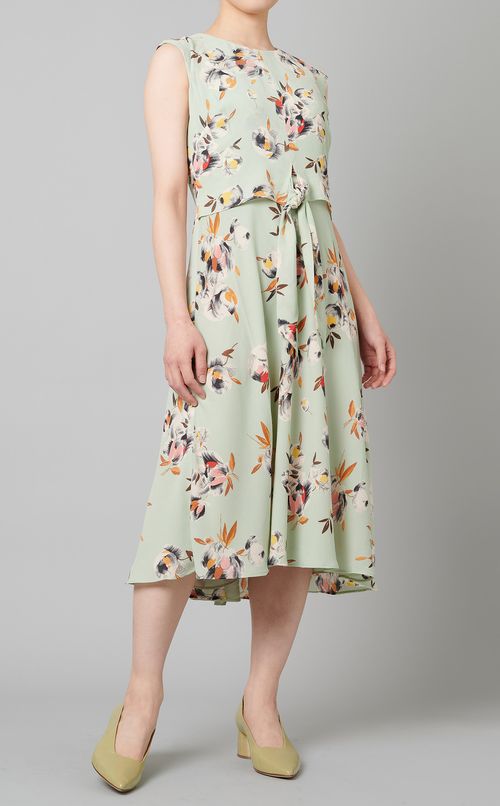 フロントリボンフラワープリントワンピース