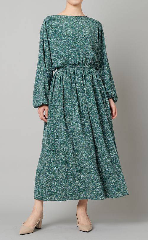 フラワープリントギャザーワンピース