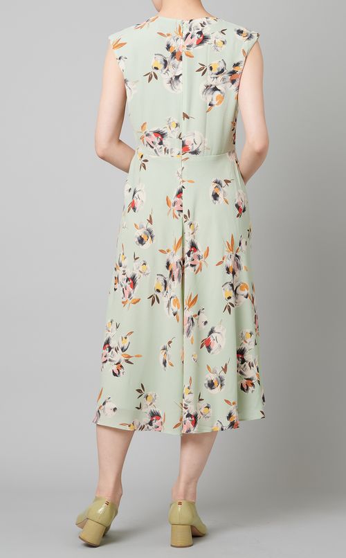 フロントリボンフラワープリントワンピース