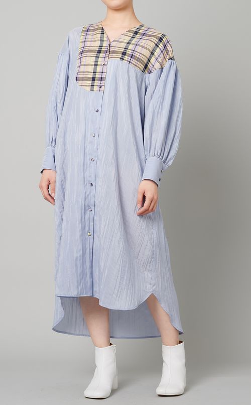 チェック柄アシンメトリー切替ワンピース