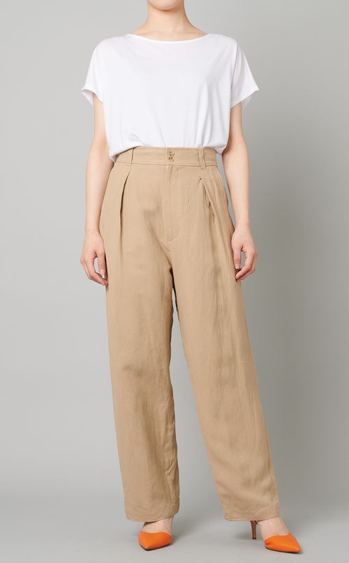 リネン混フロントタックパンツ