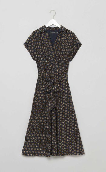 プリントベルテッドクレープドレス