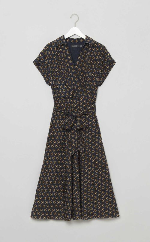 プリントベルテッドクレープドレス