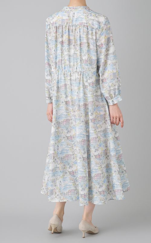 プリントスタンドカラーフレアワンピース