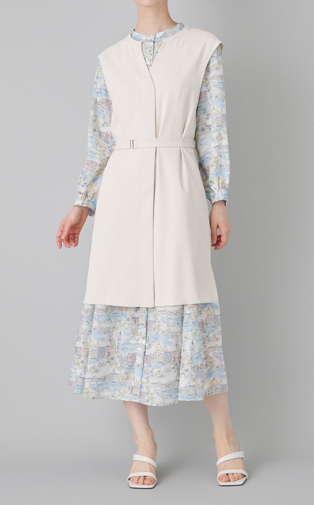 プリントスタンドカラーフレアワンピース