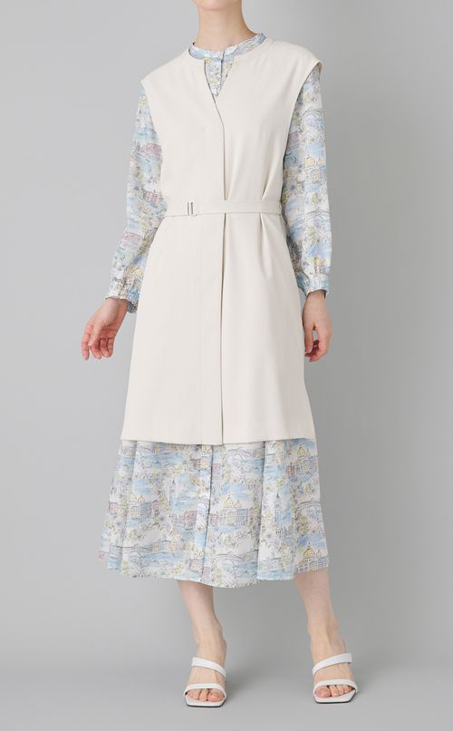 プリントスタンドカラーフレアワンピース