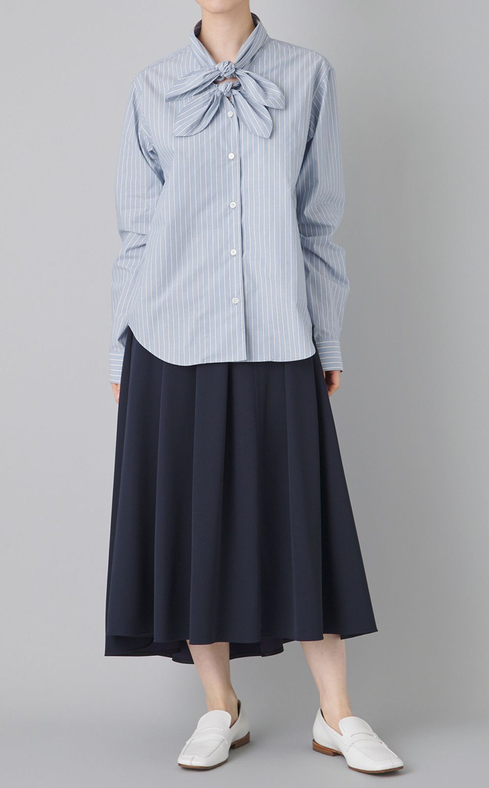コットンストライプダブルボウブラウス
