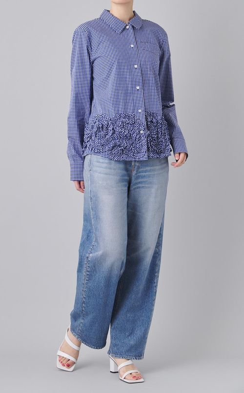 フラワーモチーフ付コットンチェックシャツ