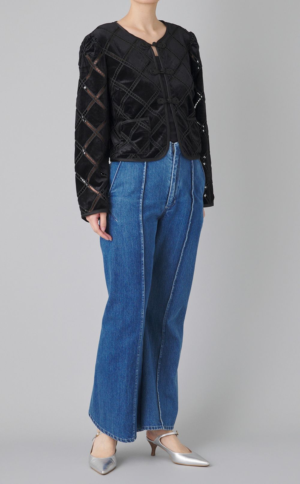 ベロア調ノーカラーブルゾン