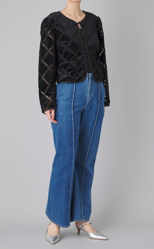 ベロア調ノーカラーブルゾン