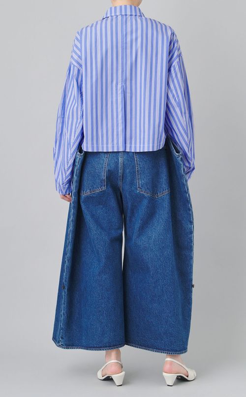 ストライプドローストリングコットンシャツ