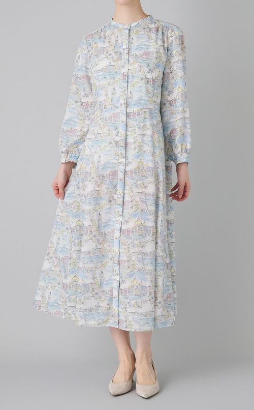 プリントスタンドカラーフレアワンピース