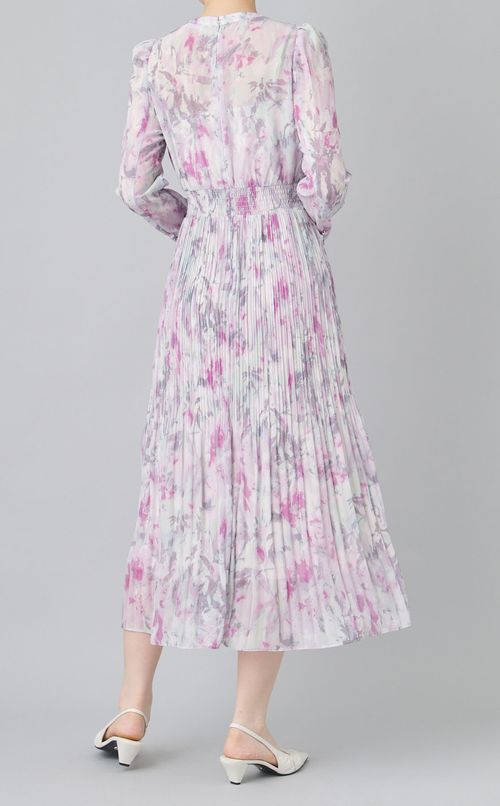 プリントボウタイプリーツワンピース