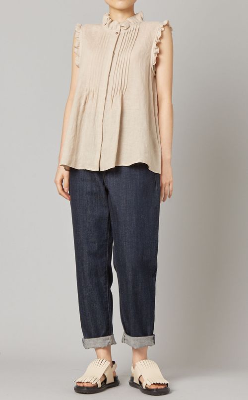 フリルノースリーブリネンブラウス