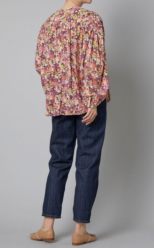 フラワープリントクレープギャザーブラウス