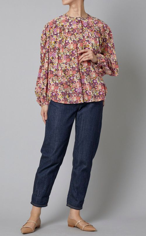 フラワープリントクレープギャザーブラウス