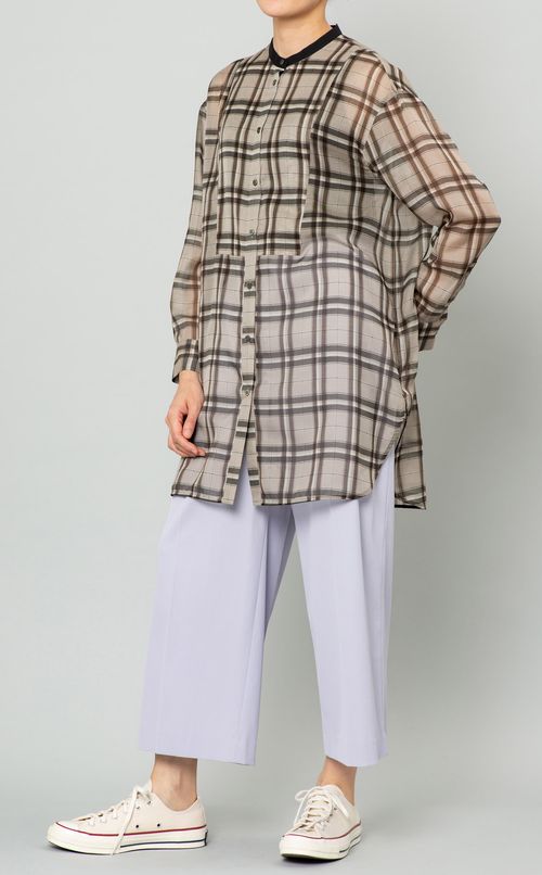 バンドカラーロングチェックシャツ