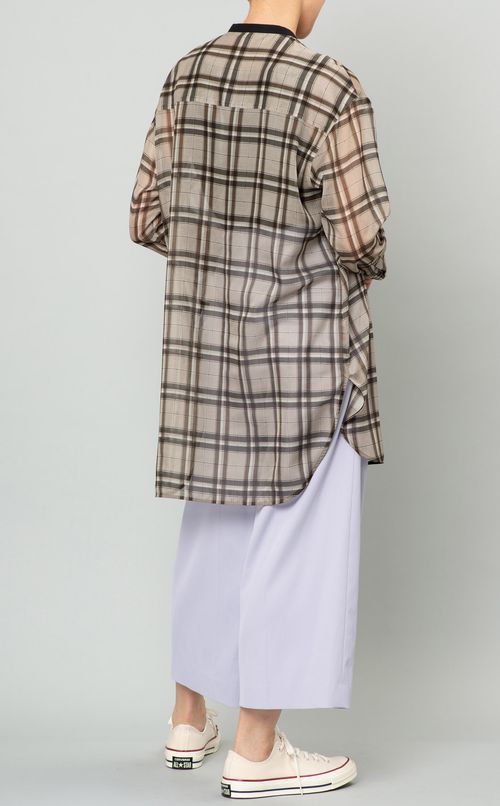 バンドカラーロングチェックシャツ