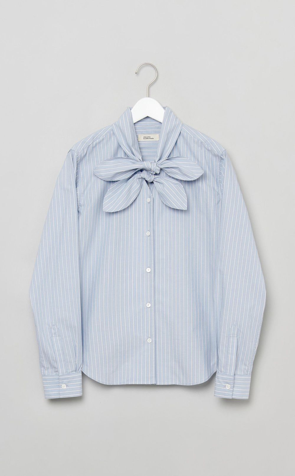 コットンストライプダブルボウブラウス