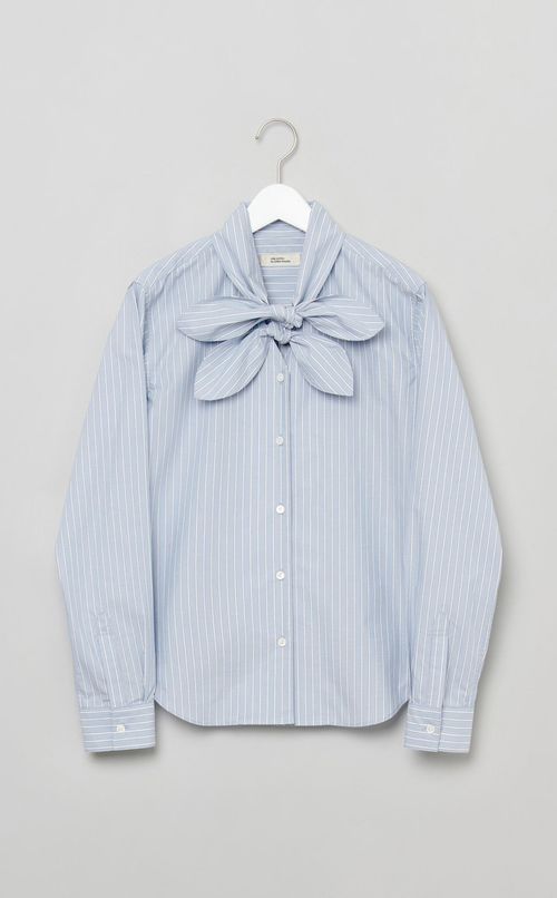 コットンストライプダブルボウブラウス