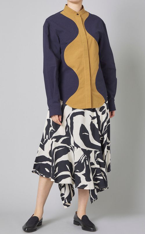 コットンバイカラースタンドカラーシャツ