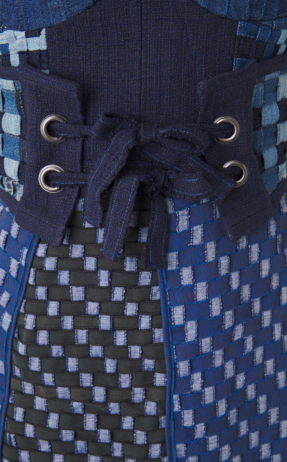 【roop】デニム編みミディドレス、コルセット付き