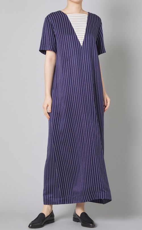 ピンストライプネック切替ロングワンピース