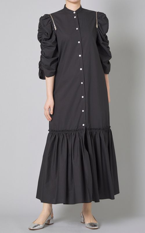 コットンギャザースリーブロングワンピース