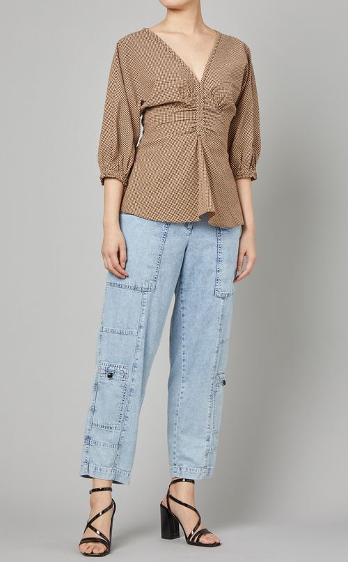 ギンガムプリントギャザーペプラムブラウス