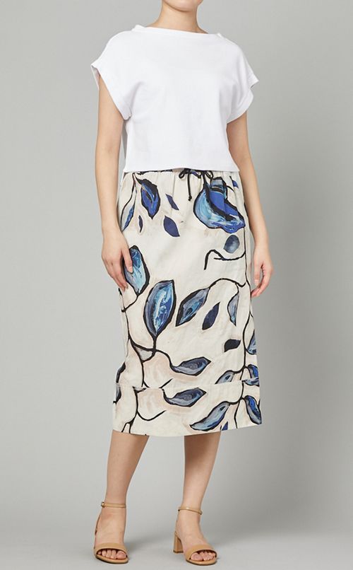 プリントドローストリングミディスカート