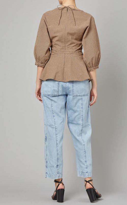 ギンガムプリントギャザーペプラムブラウス