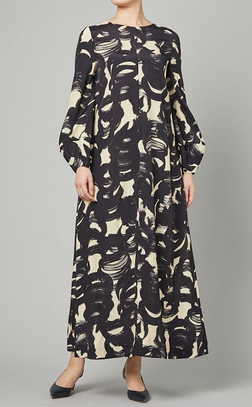 プリントクルーネックロングワンピース